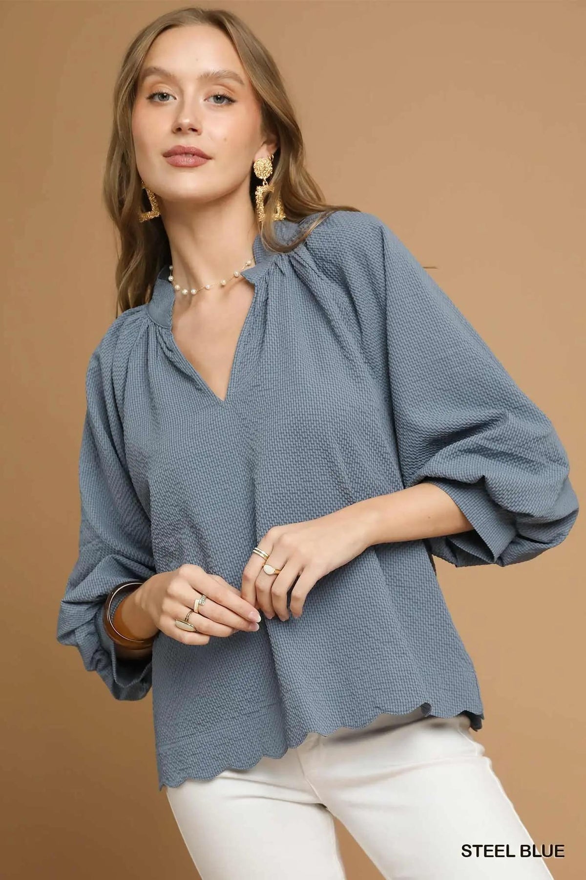 Plus Balloon Sleeve V-Neck Top - Steel Blue