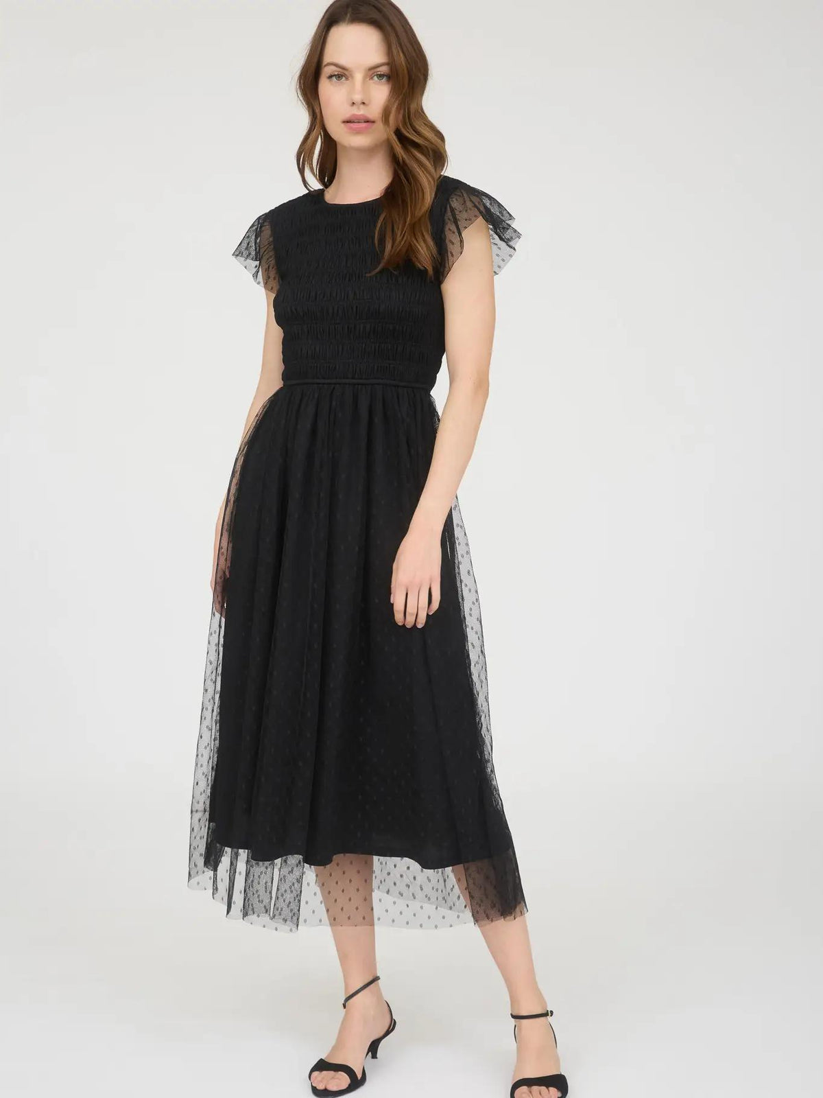 Polka Dot Chiffon Midi Dress - Black