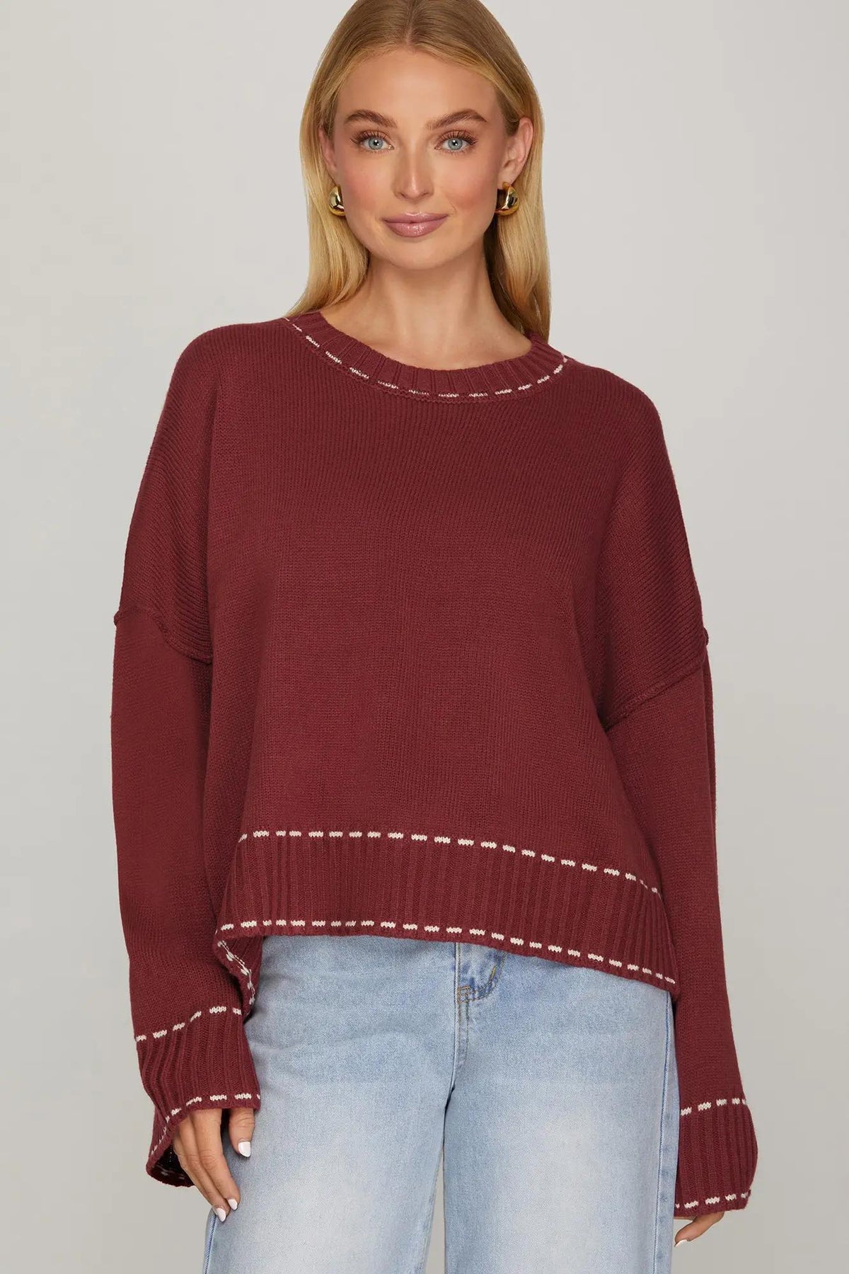 Sweater w/ Contrast Stitch - Wine